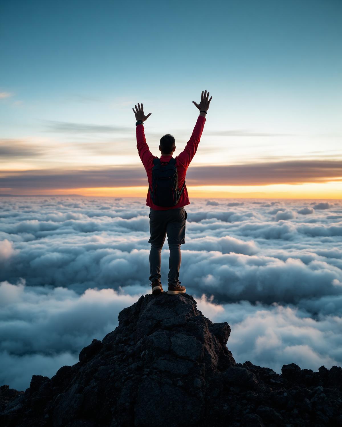 Pendaki mengangkat tangan di puncak gunung di atas awan
